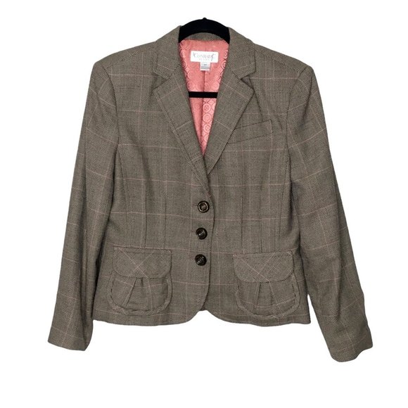 Conrad C Wool Blend Blazer Womens Suit Jacket 10 Petite Brown Plaid Windowpane - Picture 1 of 8